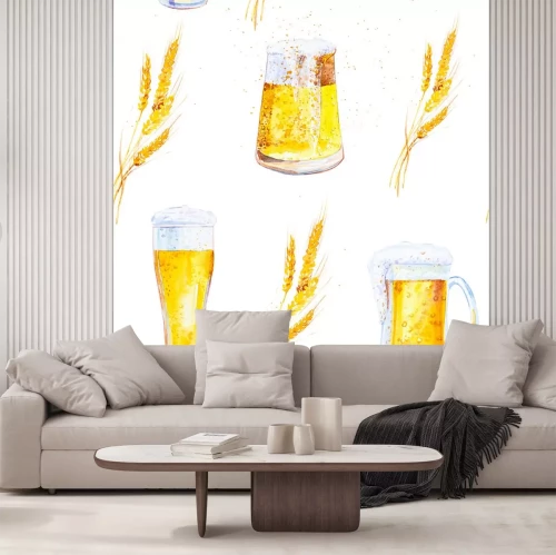 Sticker  Set of mugs filled with beer with foam and ears of wheat with crumbs. Watercolor illustration isolated on white background.Seamless pattern