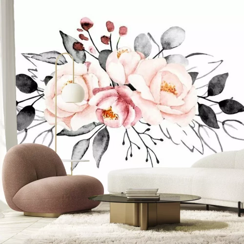 Papier peint  Pivoines aquarelles dans les tons roses et gris