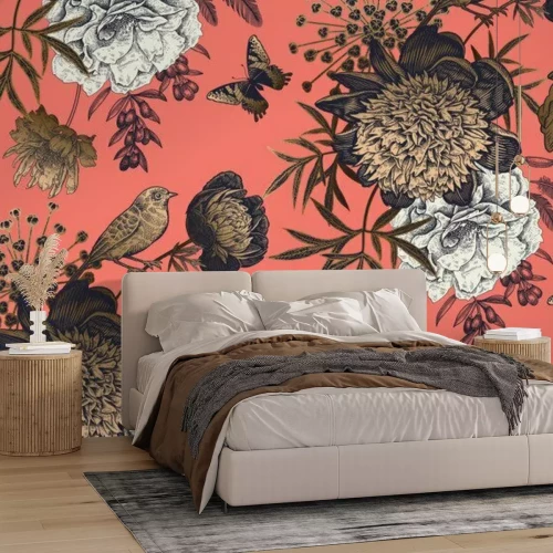 Papier peint  Garden flowers peonies on a coral background. Luxury seamless pattern.