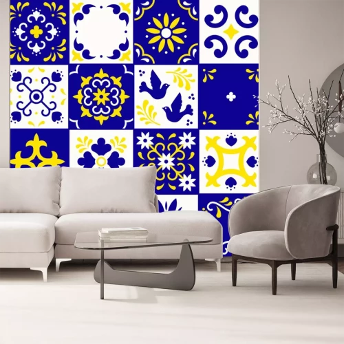 Sticker  Mexican talavera pattern. Ceramic tiles with flower, leaves and bird ornaments in traditional style from Puebla. Mexico floral mosaic in blue, yellow and white. Folk art design.
