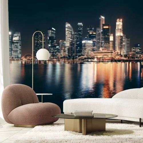 Papier peint  Skyline de Singapour dans la nuit avec des bâtiments urbains