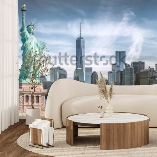 Papier peint  La statue de la liberté avec fond du World Trade Center, points de repère de la ville de New York