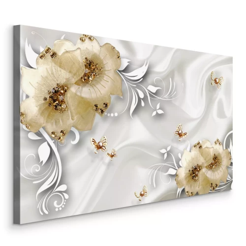 Tableau  Fleurs dorées 3D et feuilles blanches sur fond abstrait