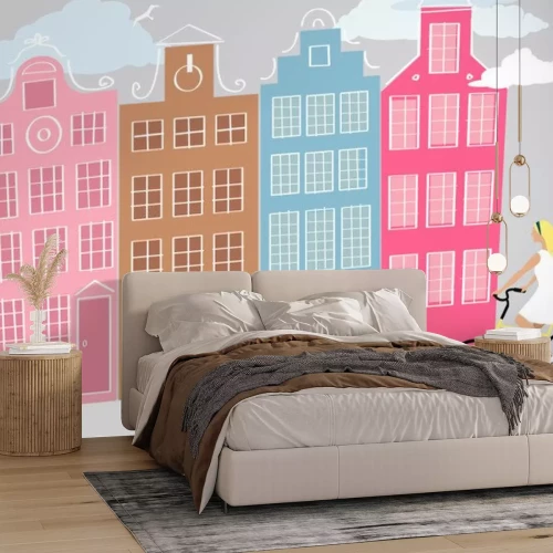 Sticker  Amsterdam street with a young woman riding bicycle, EPS 8 vector illustration