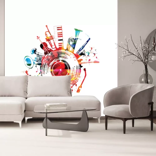 Sticker  Music background with colorful music instruments and vinyl record disc vector illustration. Music festival poster with double bell euphonium, violoncello, trumpet, piano, euphonium, sax and guitar