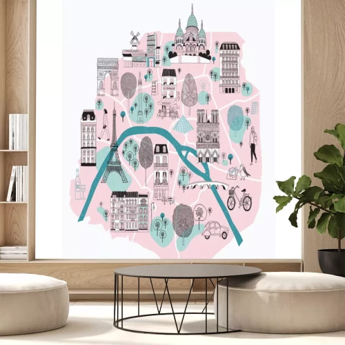 Papier peint  Carte illustrée de Paris avec des symboles légendaires