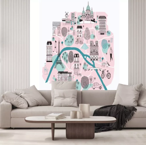 Sticker  Carte illustrée de Paris avec des symboles légendaires