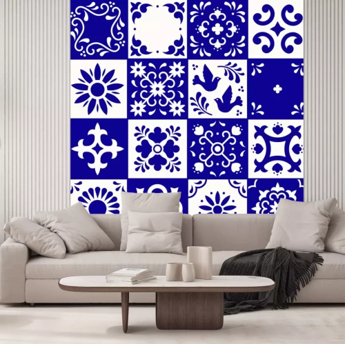 Sticker  Mexican talavera pattern. Ceramic tiles with flower, leaves and bird ornaments in traditional style from Puebla. Mexico floral mosaic in navy blue and white. Folk art design.