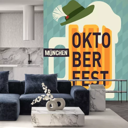 Sticker  Oktoberfest party poster illustration with mug of beer and blue and hat party background. Vector celebration flyer template for traditional German beer.