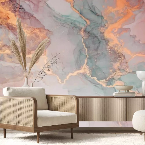 Papier peint  Texture marbrée avec des éléments en or rose