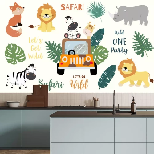 Sticker  Safari object set with fox,giraffe,zebra,lion,leaves,car. illustration for logo,sticker,postcard,birthday invitation.Editable element