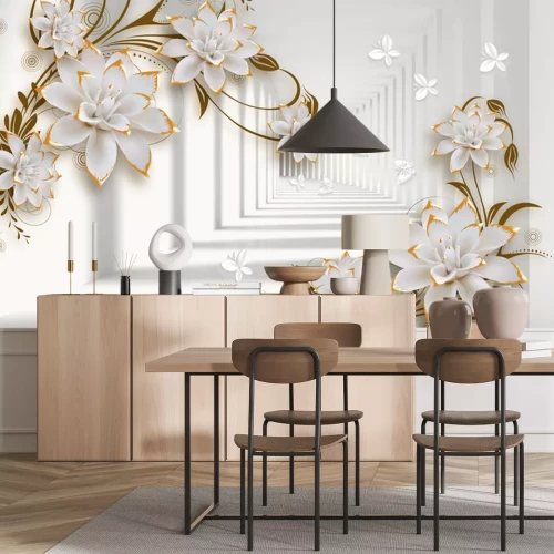 Papier peint  3d mural illustration background with golden jewelry and flowers , circles  decorative wallpaper