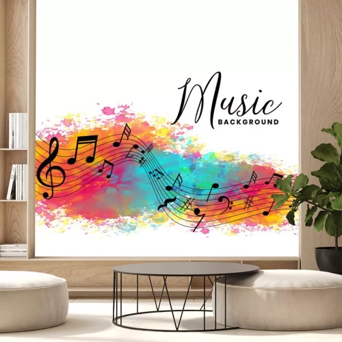 Sticker  abstract watercolor music background with notes symbols