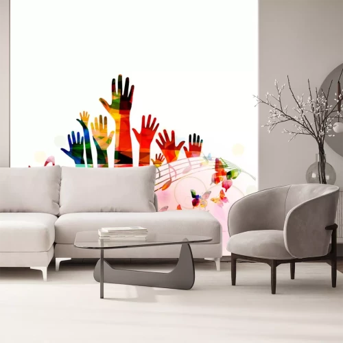 Sticker  Colorful music background with human hands raised and music notes isolated vector illustration design. Artistic music festival poster, live concert events, party flyer, music notes signs and symbols