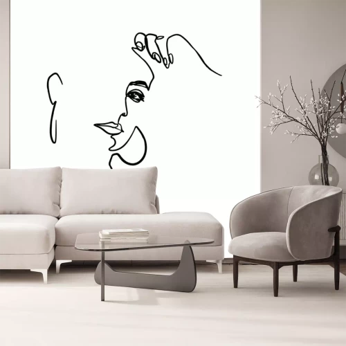 Sticker  One Line Woman's Face and Hand. Continuous line Portrait of a girl In a Modern Minimalist Style. Vector Illustration young female. For printing on t-shirt, Web Design, beauty Salons, Posters