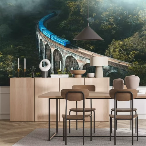 Papier peint  Train bleu sur un pont paysage