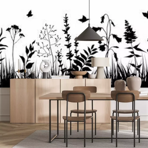 Sticker  Fleurs et herbes noires et blanches dans le pré