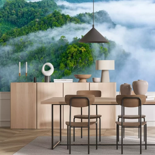 Papier peint  Aerial view of morning mist at tropical rainforest mountain, background of forest and mist, Aerial top view background forest.