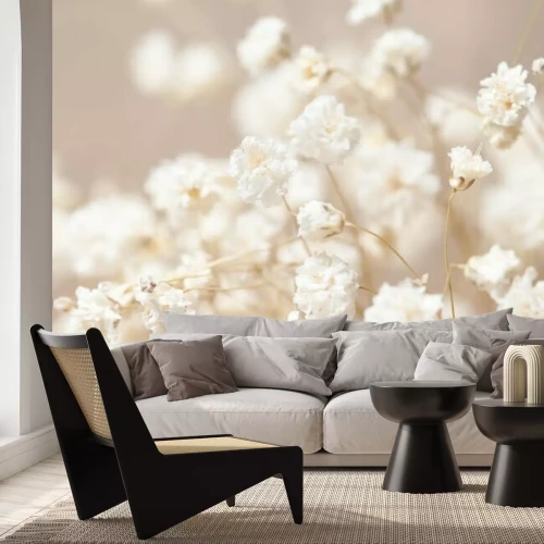 Papier peint  Petites fleurs blanches sur fond beige