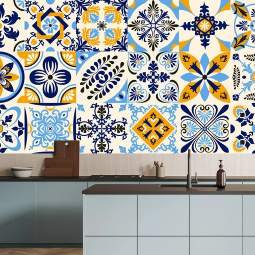 Sticker  Talavera pattern. Indian patchwork. Azulejos portugal. Turkish ornament. Moroccan tile mosaic. Ceramic tableware, folk print. Spanish pottery. Ethnic background. Mediterranean seamless wallpaper.