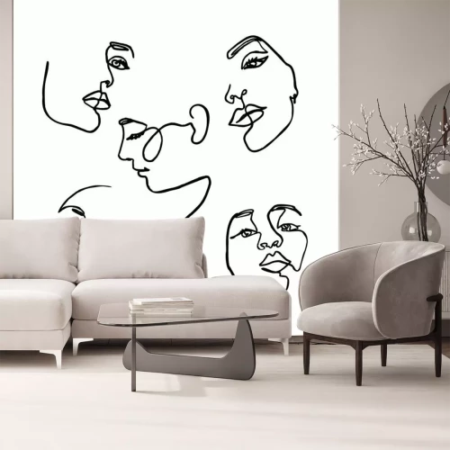 Sticker  One Line drawing of set Woman's Face. Continuous line Portrait of a girl In a Minimalist Style. Vector Illustration.