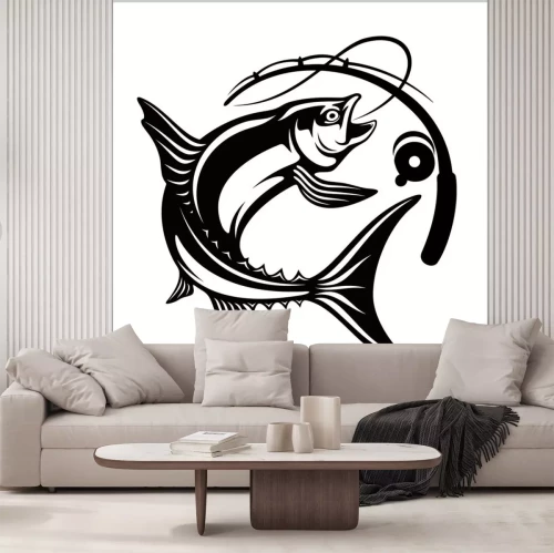 Sticker  Fish with fishing rod in monochrome style. Logo for fishing, championship and sport club