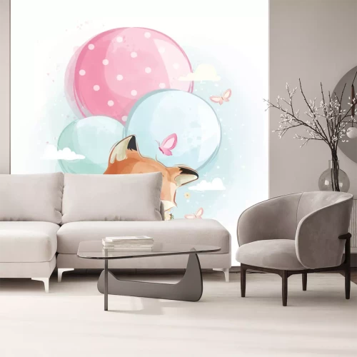 Sticker  Cute Fox Flying with Balloons