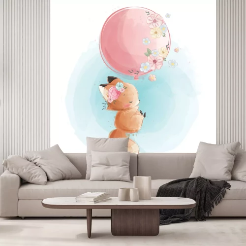 Sticker  Cute Fox Flying with Flowery Balloon