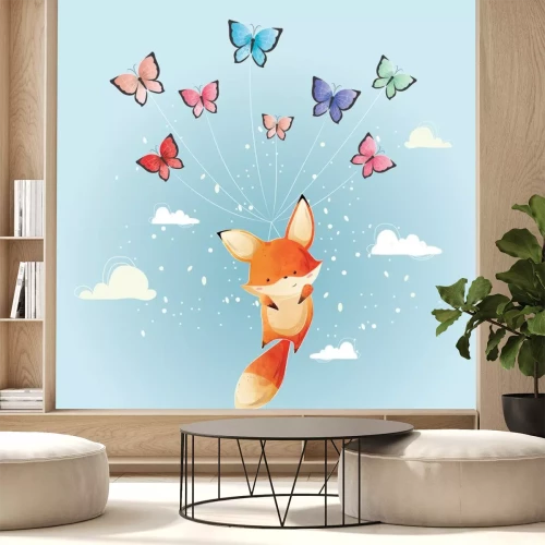 Sticker  Cute Fox Flying with Butterflies