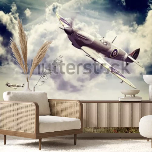 Papier peint  Rendu d'un modèle 3D ww2 Supermarine Spitfire en vol, ancien effet de nostalgie instagram