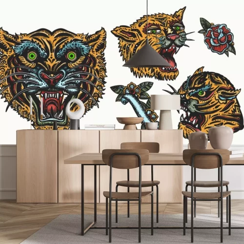 Sticker  Tigers. Old school tattoo collection. Asian wild cats. Oriental style. Isolated elements. Traditional tattooing, japan style