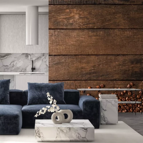 Sticker  Grains de café torréfiés sur fond de bois