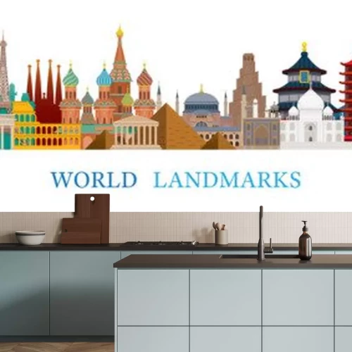 Sticker  World Skyline Landmarks in Flat Design Style