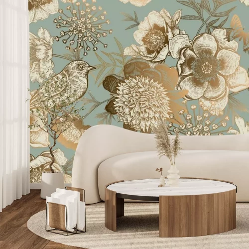 Papier peint  Oiseau parmi fleurs et papillons de style vintage