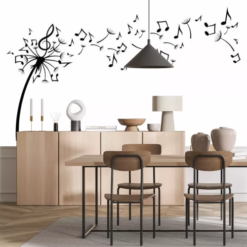 Sticker  Dandelion with notes. Black and white vector illustration of a dandelion with flying notes. Tattoo.