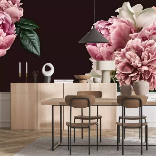 Papier peint  Floral banner, flower cover or header with vintage bouquets. Pink peonies, white roses isolated on black background.