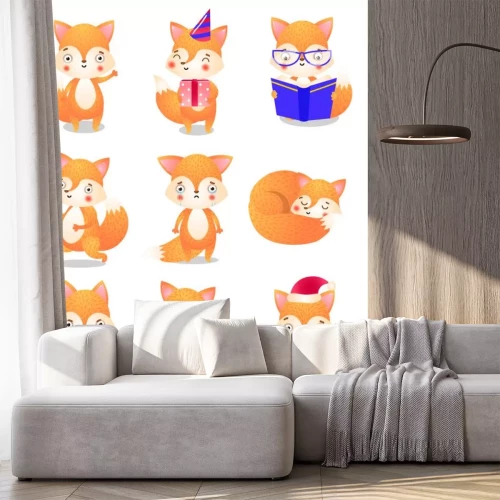 Sticker  Cute little fox in action set. Raster illustration in flat cartoon style