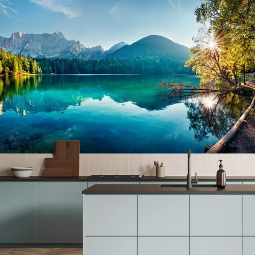 Papier peint  Colorful summer view of Fusine lake. Bright morning scene of Julian Alps with Mangart peak on background, Province of Udine, Italy, Europe. Traveling concept background.