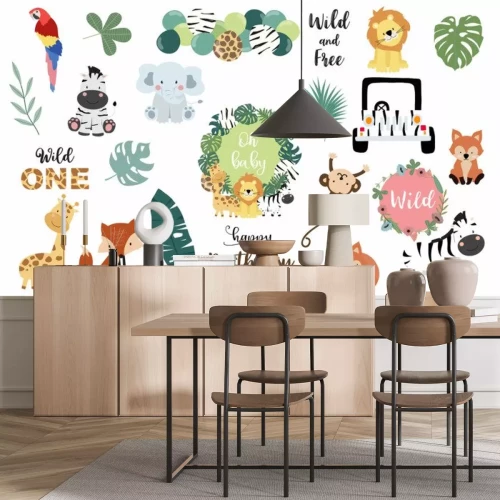 Sticker  Safari object set with fox,giraffe,zebra,lion,leaves,elephant. illustration for logo,sticker,postcard,birthday invitation.Editable element