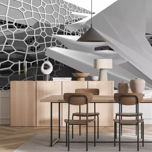 Papier peint  Abstract white and black interior multilevel public space with window. 3D illustration and rendering.