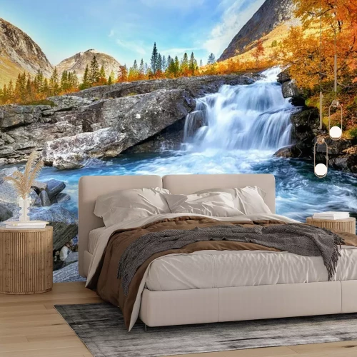 Papier peint  Beautiful autumn landscape with yellow trees and waterfall