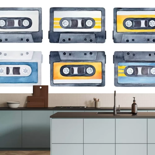 Sticker  Watercolor set of vintage compact cassettes. Symbol of music, sound, playlist, audio equipment. Hand drawn watercolour graphic drawing on white, cutout clipart elements for creative design decoration.