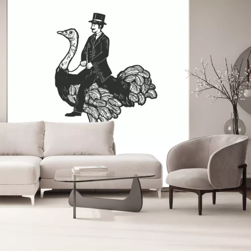 Sticker  Dessin noir et blanc d'un gentilhomme sur une autruche