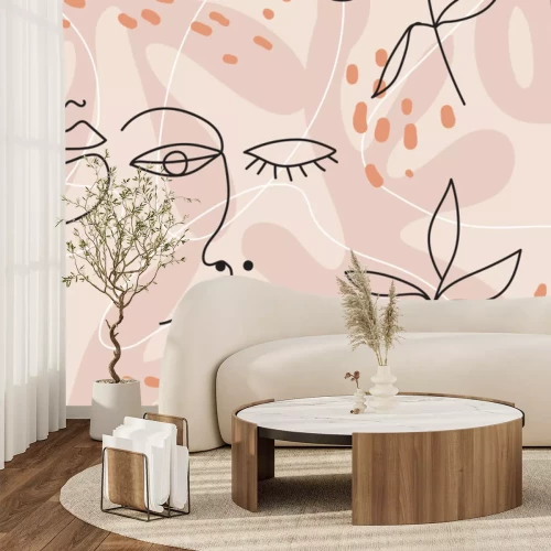 Sticker  Motif line art dessin de visages et de plantes