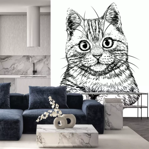 Sticker  Dessin à la main noir et blanc de chat sympathique