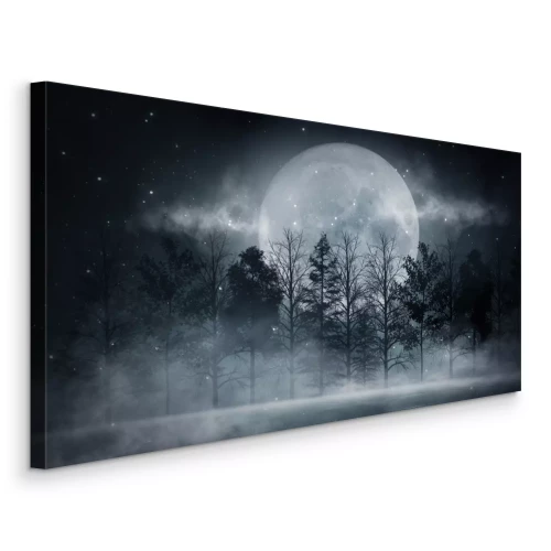 Tableau  Dark forest. Gloomy dark scene with trees, big moon, moonlight. Smoke, shadow. Abstract dark, cold street background. Night view.