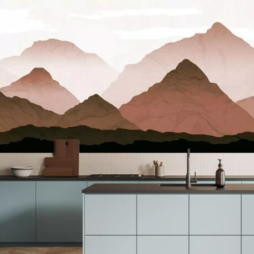 Papier peint  Mountain Landscape illustration with distant mist. Processed in warm graduated brown and rust tones, with background texture.