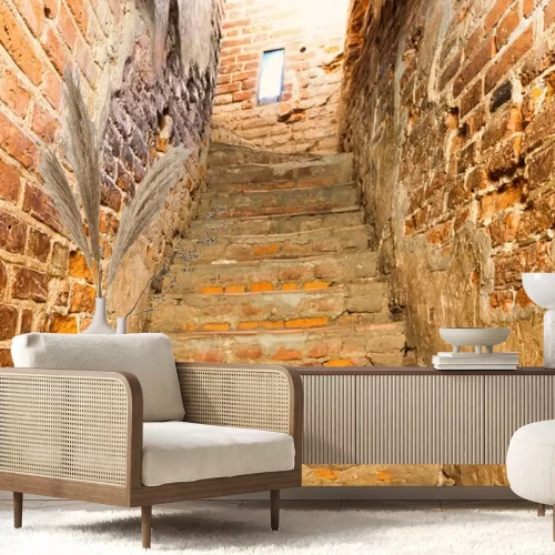 Sticker  Brick staircase with stairs in old castle corridor