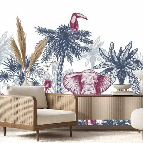 Papier peint  Seamless border with graphical tropical tree such as palm, banana and jungle animals. Vector.