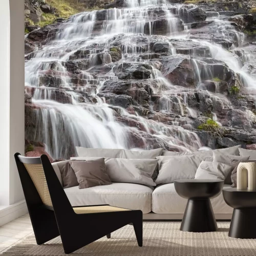 Papier peint  Close up details of scenic, colorful, powerful Monk's jump waterfall on Old mountain, the tallest in Serbia, streaming down the red, rocky cliff